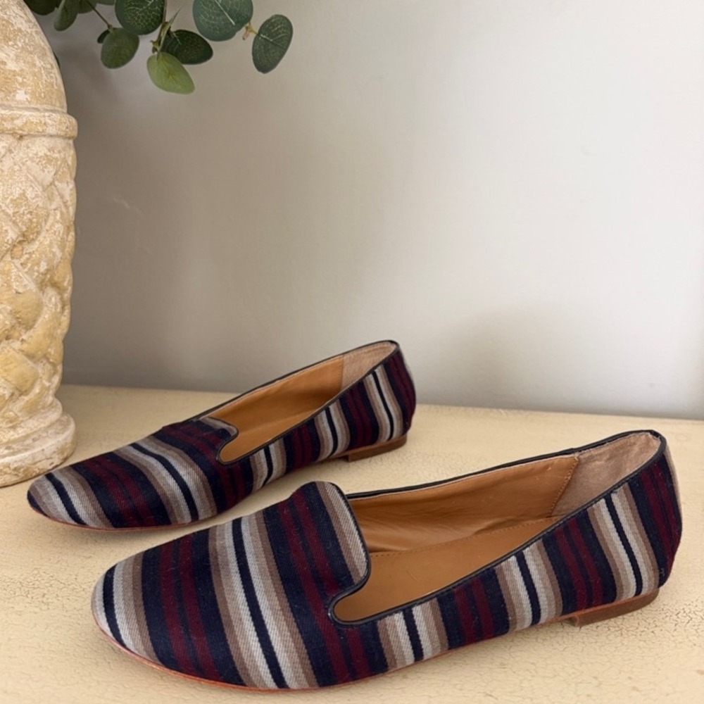 J. Crew Women's Sz 9.5 Striped Navy Burgundy and Gray Slip-On Loafers